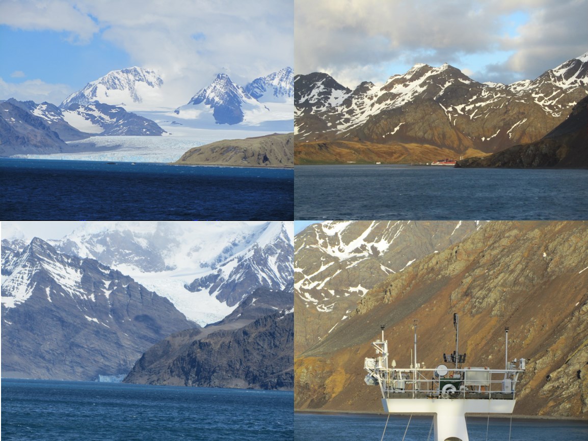 The snow-capped mountains, fjords and bays of South Georgia. Top right – Red roofs of the British Antarctic Survey base, nestled in the bay. Bottom right – RRS Discovery met platform and AMT4SentinelFRM sensors measuring off South Georgia (Photographs taken by Dr. Gavin Tilstone). The snow-capped mountains, fjords and bays of South Georgia. Top right – Red roofs of the British Antarctic Survey base, nestled in the bay. Bottom right – RRS Discovery met platform and AMT4SentinelFRM sensors measuring off South Georgia (Photographs taken by Dr. Gavin Tilstone).