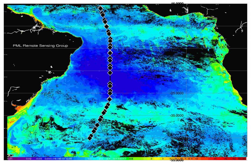 VIIRS chlorophyll-a median composite 18–24 October 2017, with the ship’s track and sampling stations overlaid as a black line with diamonds. The large dark-blue area shows the Southern Ocean Gyre. chlorophyll-a scale bar is at the bottom of the image. (Satellite imagery provided by Silvia Pardo from the National Earth Observation Data Archive and Analysis Service) VIIRS chlorophyll-a median composite 18–24 October 2017, with the ship’s track and sampling stations overlaid as a black line with diamonds. The large dark-blue area shows the Southern Ocean Gyre. chlorophyll-a scale bar is at the bottom of the image. (Satellite imagery provided by Silvia Pardo from the National Earth Observation Data Archive and Analysis Service)