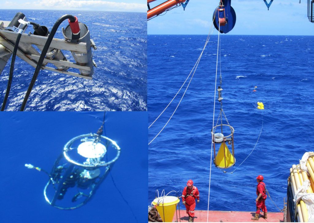 Top left: Plymouth Marine Laboratory (PML) and Tartu Observatory radiometers look down onto the blue waters of the Southern Gyre. Bottom left: The PML optics rig below the surface. Bottom right: deployment of sediment traps in the Southern Gyre. (Gavin Tilstone) Top left: Plymouth Marine Laboratory (PML) and Tartu Observatory radiometers look down onto the blue waters of the Southern Gyre. Bottom left: The PML optics rig below the surface. Bottom right: deployment of sediment traps in the Southern Gyre. (Gavin Tilstone)